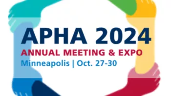 APHA 2024 Annual Meeting & Expo logo, featuring a colorful hexagonal design made of interlocking arms in green, blue, yellow, red, and teal, symbolizing unity. The text next to the image reads 'APHA 2024 Annual Meeting & Expo, Minneapolis | Oct. 27-30.